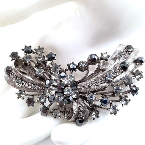 Vintage Gray Silver Black Rhinestone Brooch Pendant, 2 3/4 Inches - Picture 1 of 12